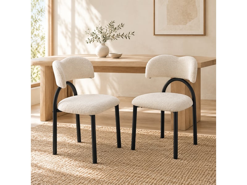  Chaises de salle à manger lot de 2 avec assise et dossier rembourrés  - piètement métal noir, tissu beige  - Conforama B