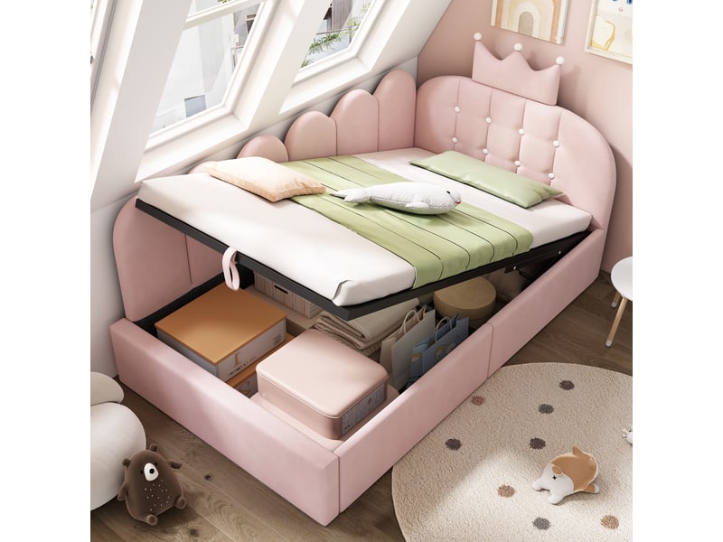  Lit banquette 90 x 200 cm avec coffre hydraulique, dossier réversible, velours rose  - Conforama B