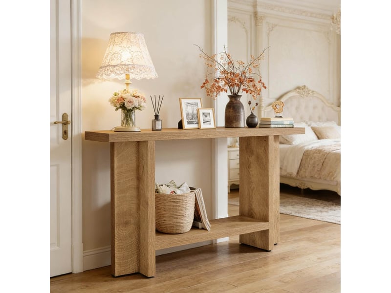  Table console d'entrée 150x30x80 cm marron en mdf à 2 niveaux, rangement ouvert derrière canapé du salon pour la décoration  - Conforama D