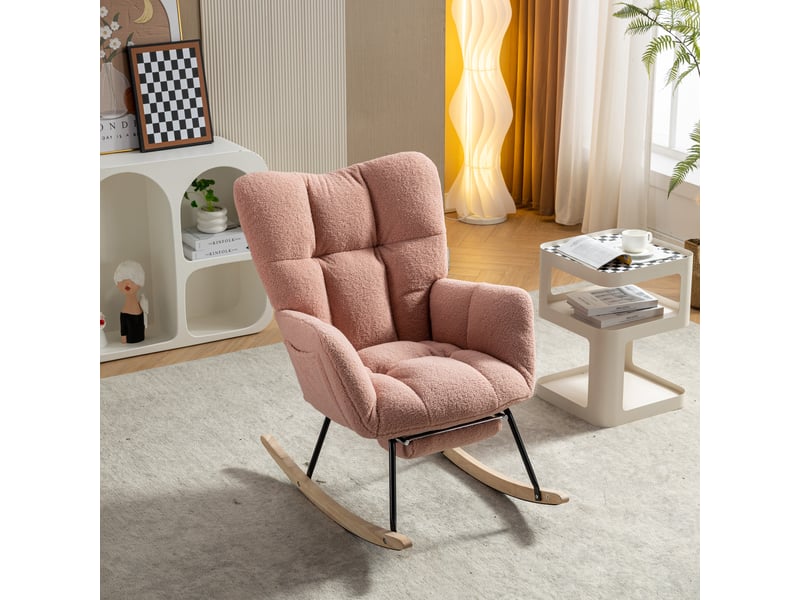  Rocking chair avec repose-pieds, fauteuil à bascule rose en tissu bouclette pour salon et allaitement  - Conforama D
