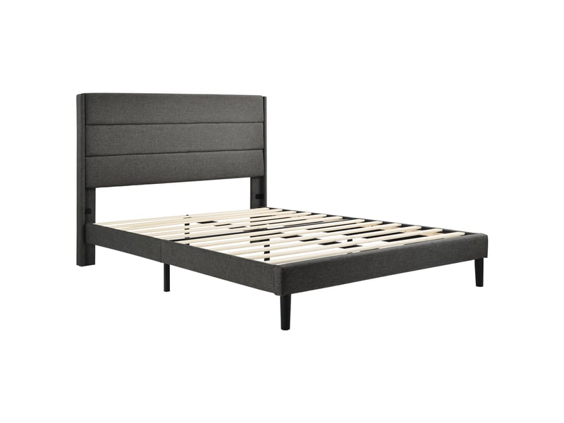  Lit 140x200 cm tissu lin gris foncé cadre tapissier tête de lit sommier à lattes sans matelas  - Conforama A