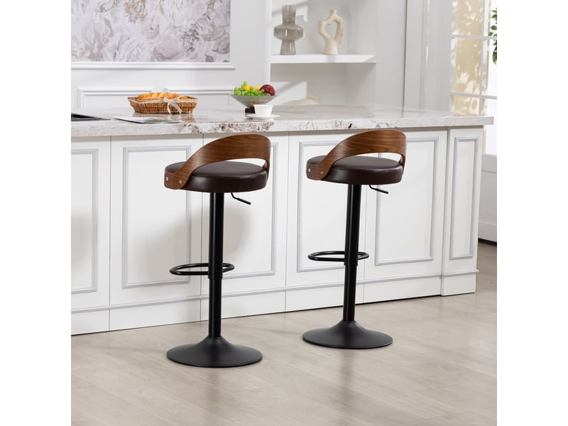  Lot de 2 tabourets de bar réglables - 42,5 x 42 x 77-98 cm - siège pivotant à 360° en cuir pu - bois de noyer - noyer  - Conforama E
