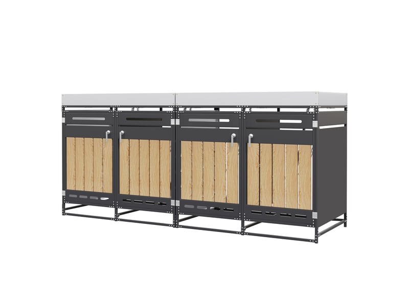 Cache-poubelles 4 compartiments avec bac à plantes, panneaux bois vertical, métal noir - Conforama D