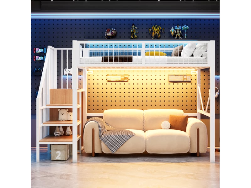  Lit mezzanine 90x200 cm avec escalier et rangements intégrés, éclairage led, métal, coloris blanc, vendu sans matelas  - Conforama E