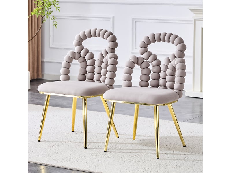  Lot de 2 chaises 48x50x86 cm, assise velours moelleuse, dossier ouvert à chaîne de boules, pieds métal, gris clair  - Conforama D