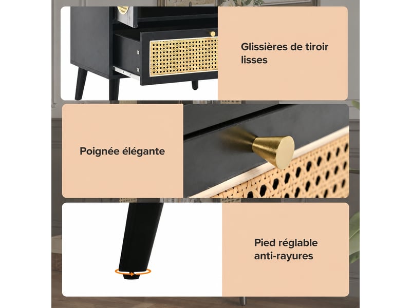 Buffet noir en rotin à 2 portes et 1 tiroir, hauteur 110,5 cm  - Conforama E