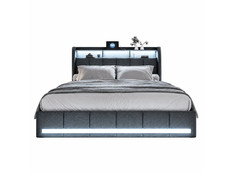 Lit double 140x200 avec led et tiroir, lit 2 personnes avec led et usb cadre de lit rembourré avec 4 tiroirs de rangement et tête de lit capitonnée pour adultes et adolescents lin gris, sans matelas - Conforama A