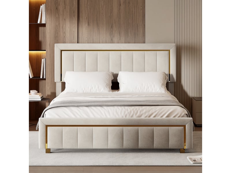  Lit coffre 140x200, lit 2 places avec rangement hydraulique, tête de lit et sommier à lattes, velours beige  - Conforama E