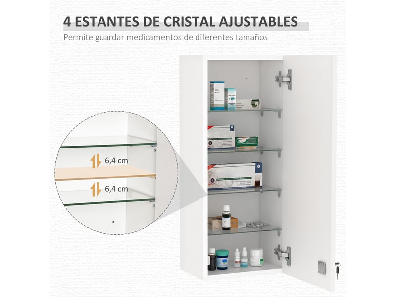  Armoire à pharmacie murale avec serrure, 5 niveaux réglables, 30 x 20 x 70 cm, blanche  - Conforama R