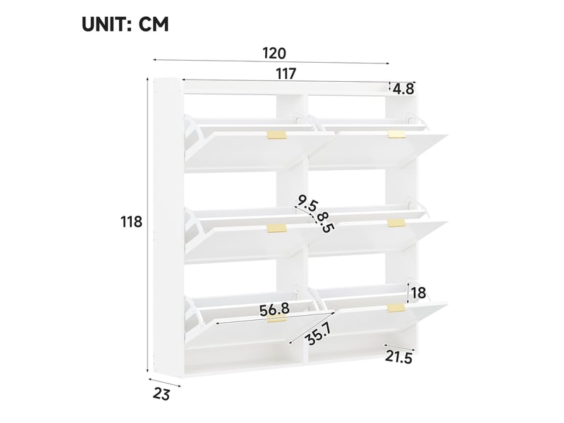  Meuble à chaussures 120 x 23 x 118 cm blanc en mdf et panneau de particules, 6 compartiments basculants  - Conforama C
