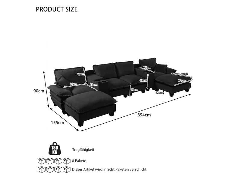  Canapé modulable en u modenvie 6 places avec rangement, usb et porte-gobelets, 392 x 155 x 90 cm, chenille noire, 2 ottomans et 2 coussins  - Conforama C