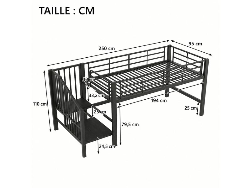 Lit mi-hauteur 90 x 200 cm avec escalier de rangement intégré, structure en métal noir pour chambre d'enfant - Conforama C