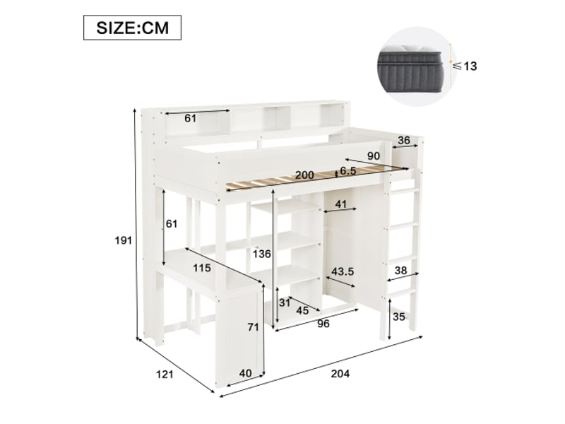 Lit mezzanine 90x200 cm, lit enfant avec table, armoire, grille antichute, étagères et échelle, en bois, blanc, sans matelas  - Conforama D