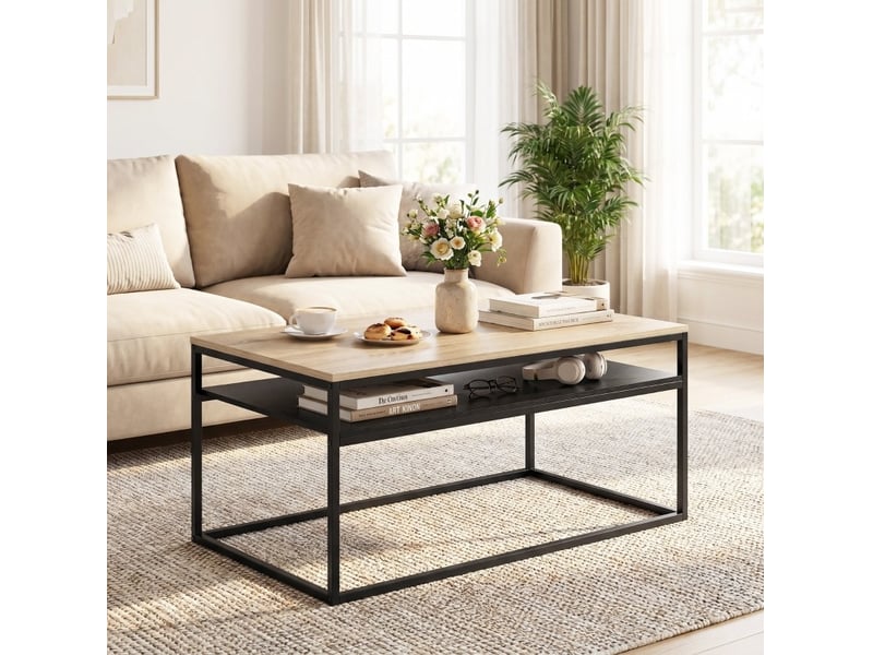  Table basse à 2 niveaux 100 x 59,8 x 47 cm, panneau de particules, chêne et métal  - Conforama B