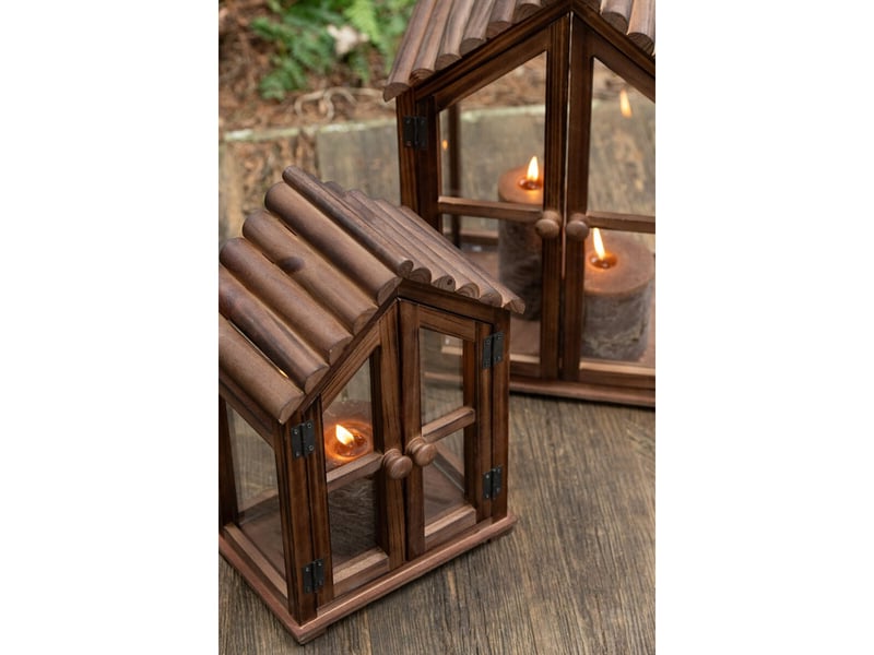  Lot de 2 lanternes maison en bois kaspar 49cm marron  - Conforama D