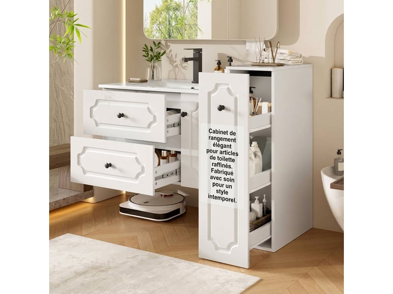  Meuble salle de bain 107 cm avec colonne ensemble meuble vasque céramique blanc  - Conforama C