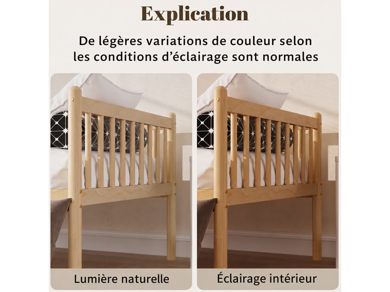  Lit de repos 90 x 200 cm en pin avec barrières 3 côtés, 14 lattes, finition naturelle  - Conforama D