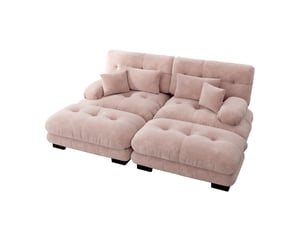 Canapé 2 places, avec 2 coussins lombaires et 2 oreillers, accoudoirs larges et 2 poufs, chenille, rose