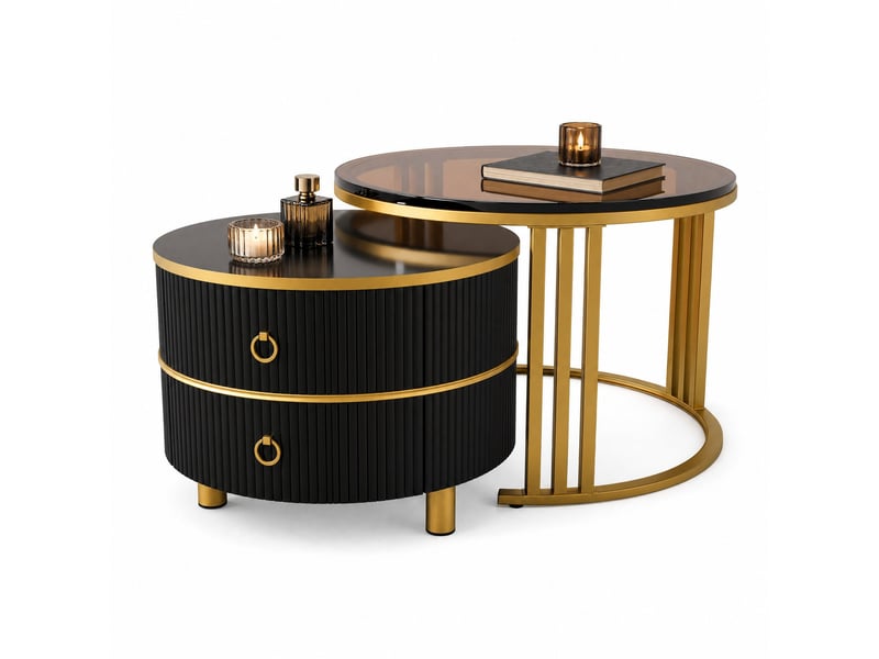  Tables basses gigognes avec 2 tiroirs et 2 plateaux, plateau en verre trempé, finition brillante, pour salon  - Conforama A