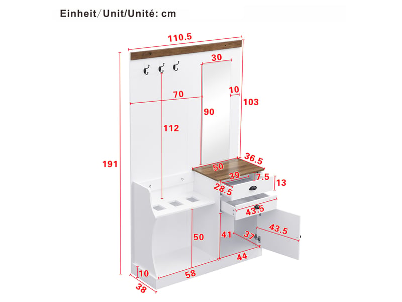  Meubles d'entrée avec miroir, 2 tiroirs, porte et crochets pour entrée, blanc et bois, 110,5 × 38 × 191 cm  - Conforama E