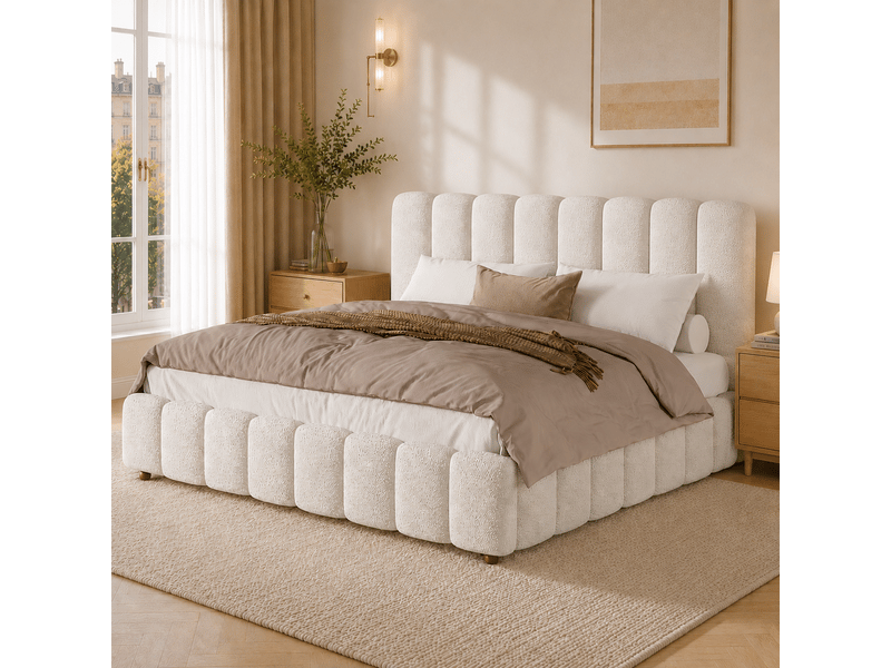  Lit double capitonné 180 x 200 cm - tête de lit et sommier à lattes capitonnés - pieds en bois massif - tissu bouclé blanc (sans matelas)  - Conforama B