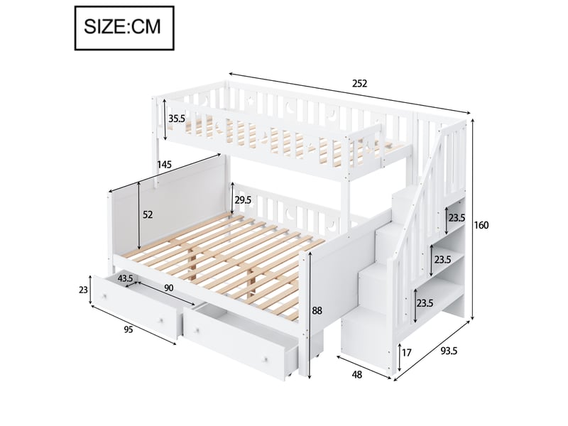  Modenvie lit superposé enfant 90x200140x200 cm - escalier avec rangement, sommier inclus - blanc  - Conforama C