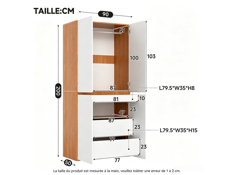  Armoire-penderie avec tiroir à bijoux, 90 x 50 x 200 cm, 4 portes, 1 penderie et 2 tiroirs, meuble haut moderne, finition chêne blanc  - Conforama C