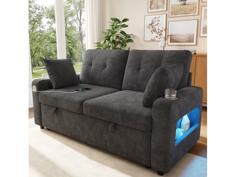 Canapé-lit 2 places gris en chenille avec led, usb-c, rangements et porte-gobelets - Conforama E