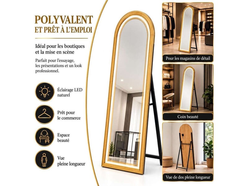  Miroir sur pied led arqué 160x50 cm avec éclairage 3 couleurs – grand miroir psyché pleine longueur tactile et dimmable, cadre finition bois naturel pour chambre et dressing  - Conforama C