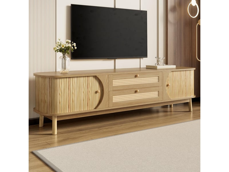  Meuble tv 170 cm  – portes + tiroirs en rotin -  style campagne  – bois naturel - buffet bas et table tv moderne  - Conforama B