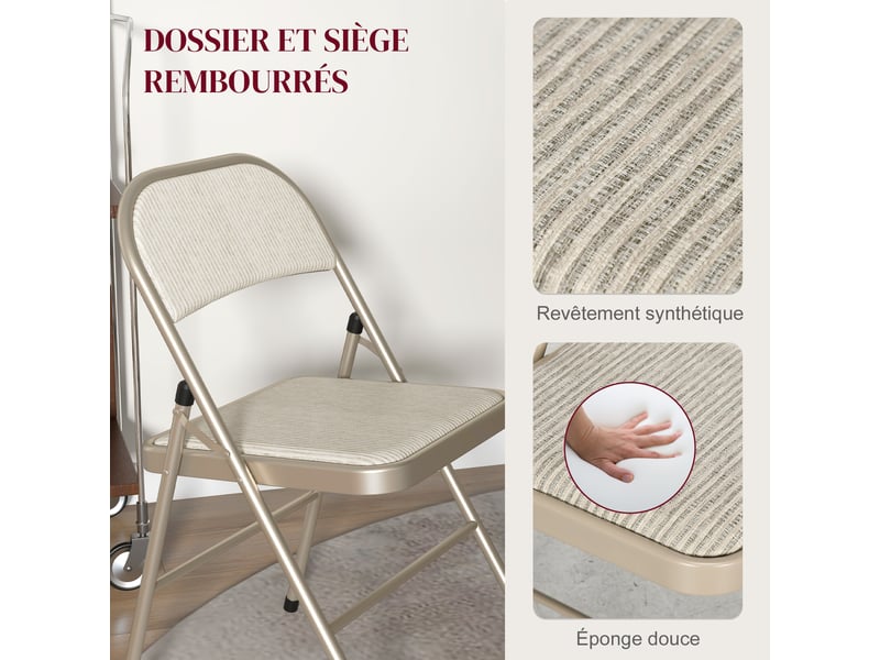  Lot de 4 chaises pliantes chaises de salle à manger portables cadre en acier beige dim. 45l x 46p x 78h cm  - Conforama A