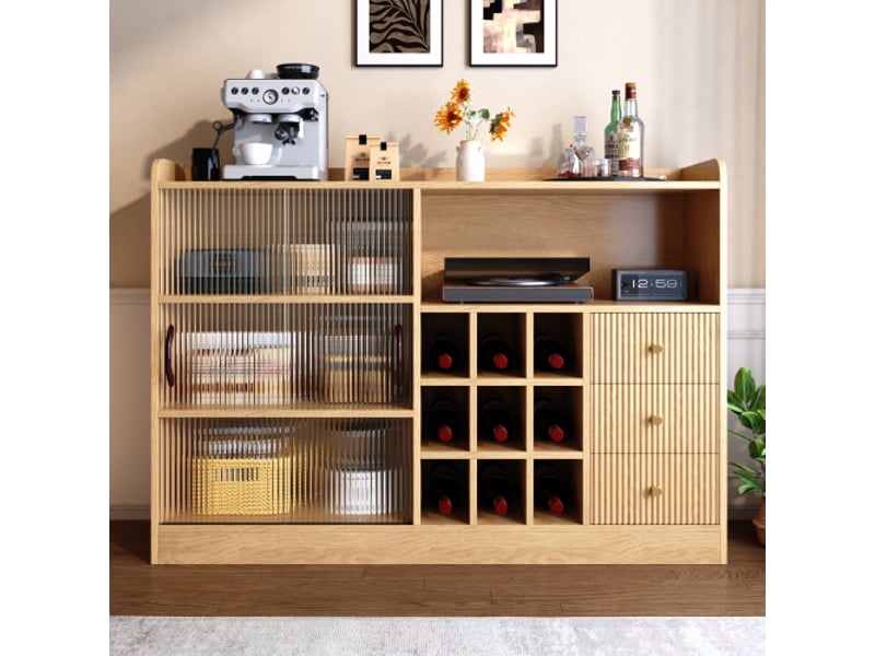 Buffet vin 120 cm – rangement damier, led, portes coulissantes en verre dépoli, meuble vin salon et salle à manger - Conforama D