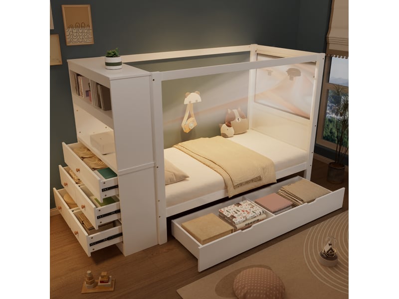 Lit enfant 90x200 cm avec barrière, rangement à 5 tiroirs et tiroir roulettes, blanc - Conforama E