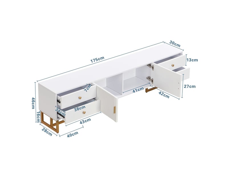  Meuble tv bas avec panneau avant, porte texturée, tiroirs et pieds dorés meuble tv avec rangement  - Conforama C