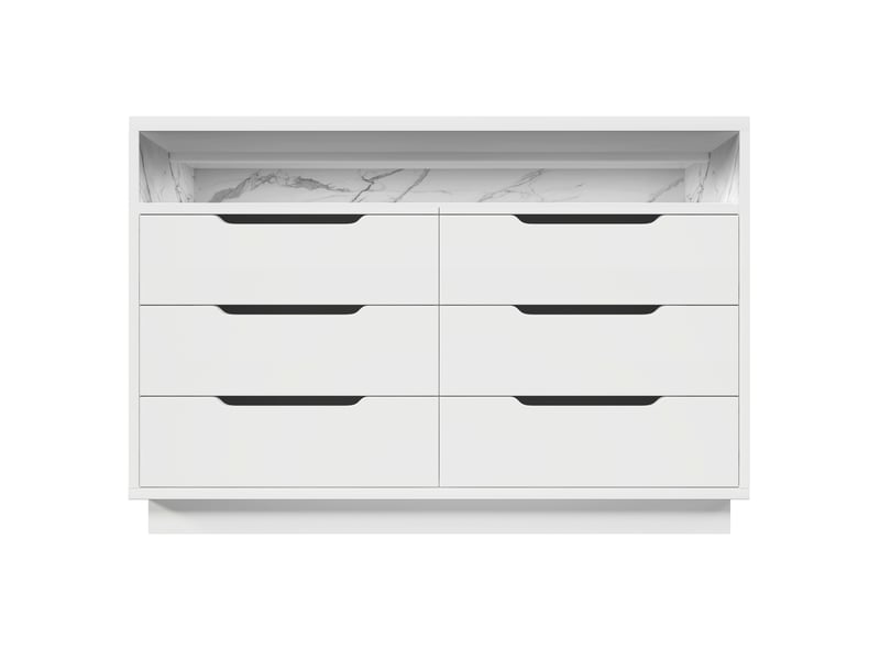 Commode blanche 120x40x85 cm en aggloméré et métal, 6 tiroirs, niche ouverte décor marbre, éclairage led réglable - Conforama A