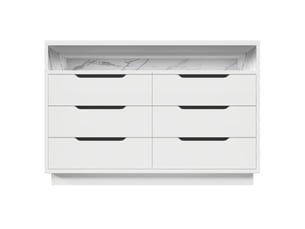 Commode blanche 120x40x85 cm en aggloméré et métal, 6 tiroirs, niche ouverte décor marbre, éclairage led réglable