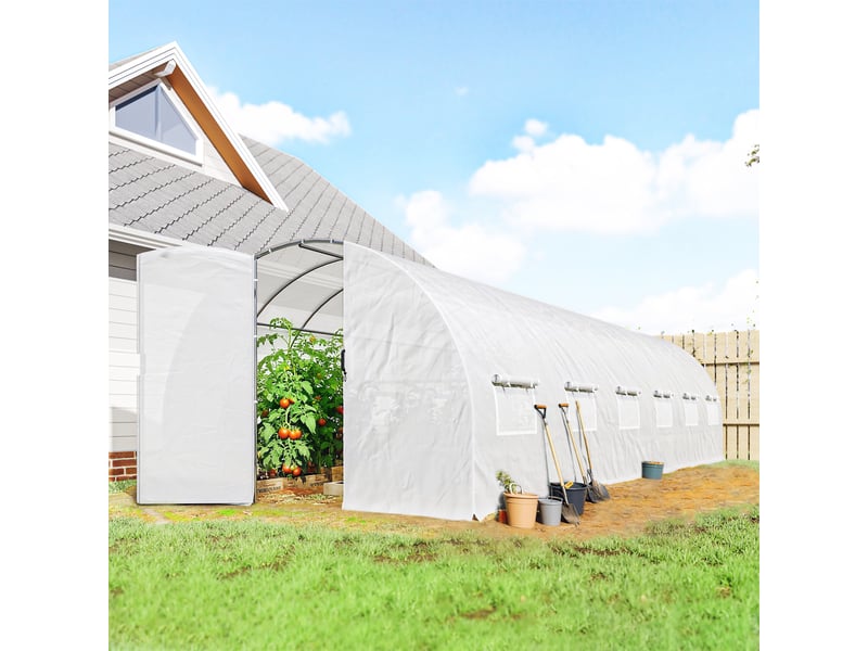  Serre tunnel de jardin 24m², serre de jardin tunnel avec portes et 12 fenêtres avec moustiquaires, 295x798x199cm, blanc  - Conforama C