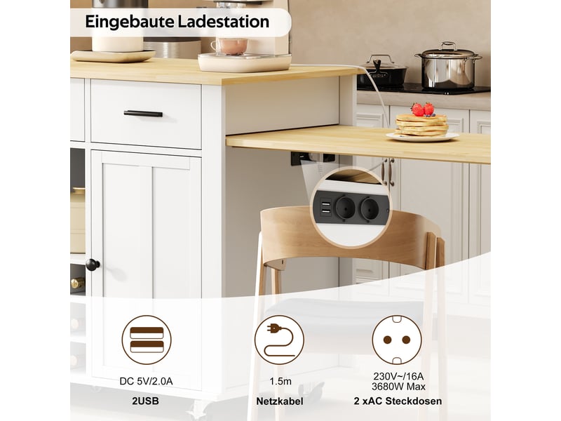 Îlot de cuisine mobile bois naturel et blanc en mdf, plateau extensible, 3 tiroirs, 7 roulettes, 136 (223) × 50 × 93 cm - Conforama D