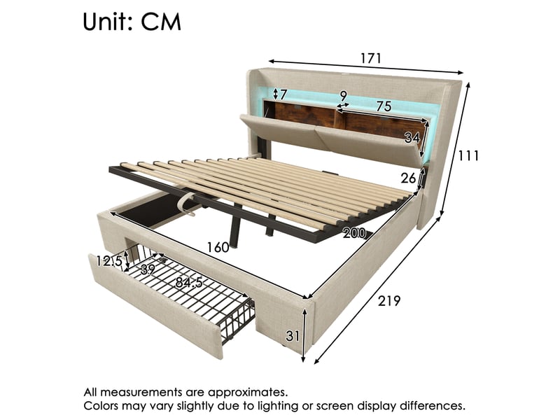 Lit coffre 160 × 200 cm 2 places avec led réglable, usb et usb-c, tiroirs, matelas inclus, beige en lin - Conforama D