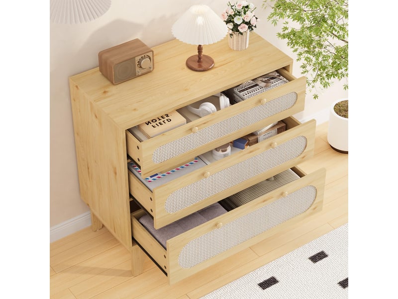  Commode en rotin à 3 tiroirs - meuble de rangement bois foncé avec kit anti-basculement - coffre d'appoint pour chambre, naturel PHO_33T8E7JJ - Conforama E