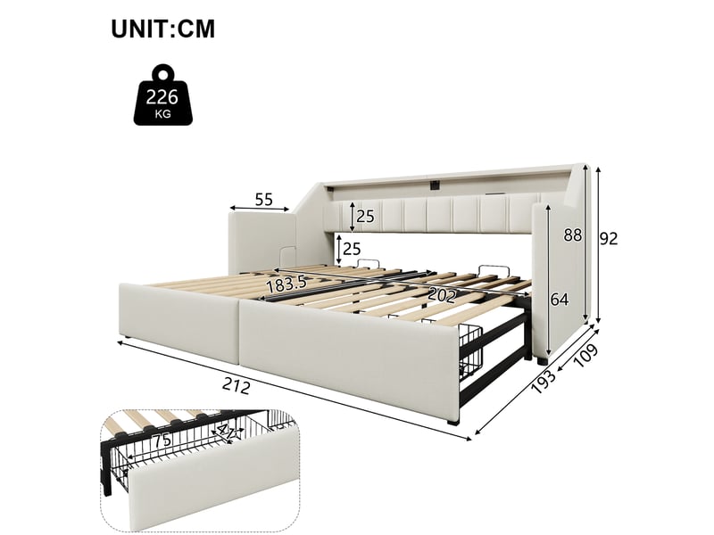  Lit de jour 90 x 200cm avec usb et type-c, led, 2 tiroirs, rangements, lit gigogne, sans matelas, beige  - Conforama B