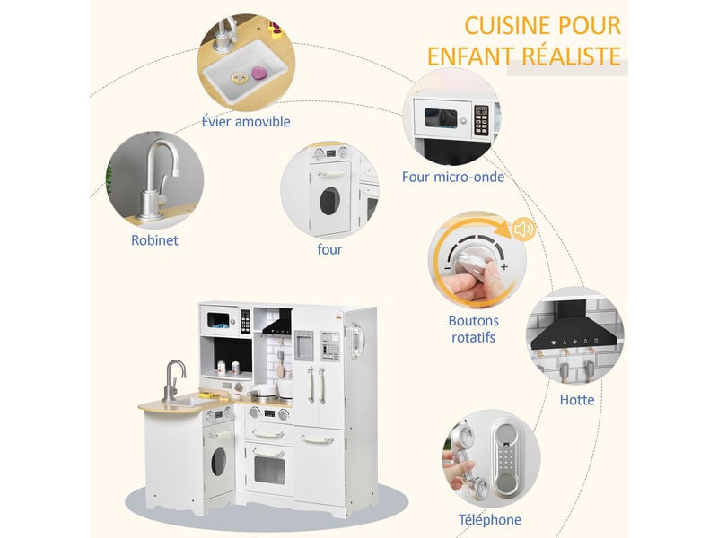  Cuisine pour enfant 3-6 ans jeu d'imitation nombreux accessoires rangements évier, robinet, four, micro-ondes, hotte, téléphone et réfrigérateur blanc  - Conforama W