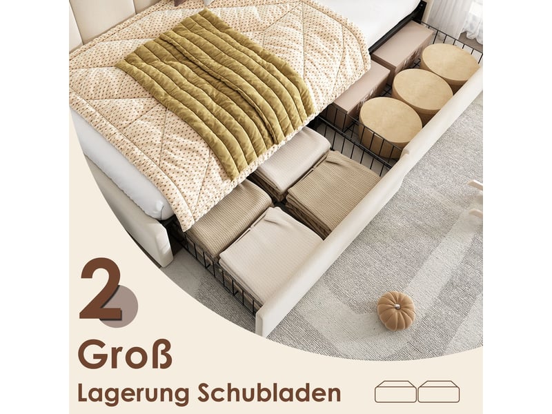  Lit une personne 90x190 cm, structure velours beige lit adulte, 2 tiroirs de rangement, sommier à lattes inclus  - Conforama E
