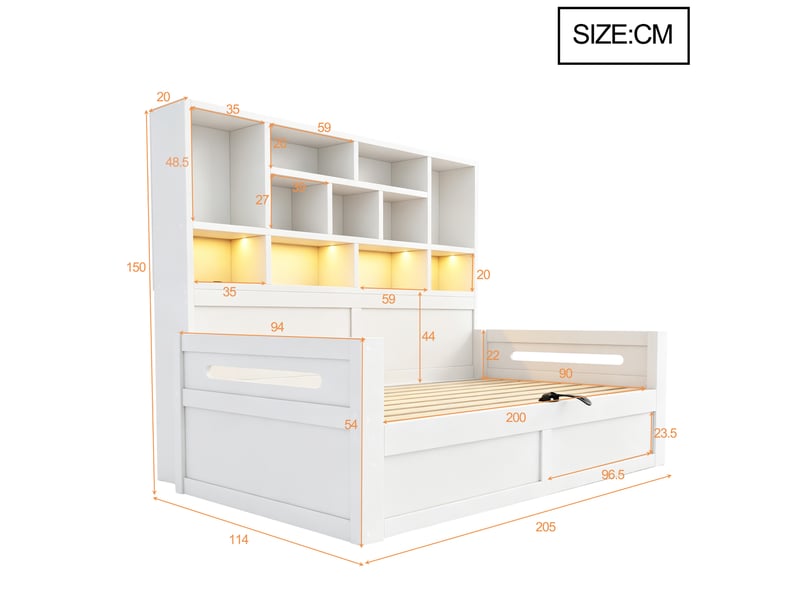  Lit simple 90×200 cm, rangement hydraulique, led et prises - okmyhome- étagères, sans matelas, mdf blanc  - Conforama D