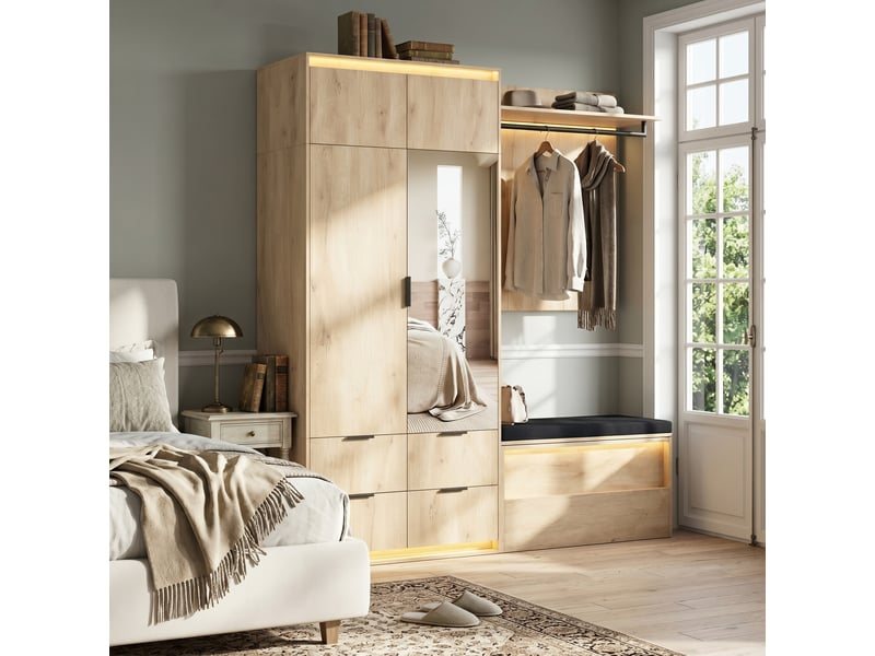  Ensemble vestiaire avec éclairage led et miroir 180 x 47 x 200 cm, armoire d’entrée anthracite et chêne avec 2 tringles, 4 tiroirs et 3 éclairages led  - Conforama D