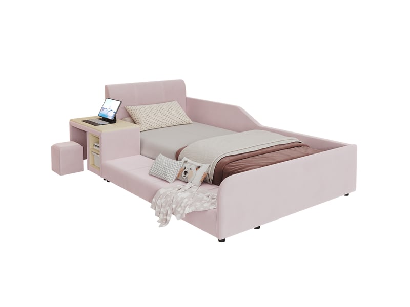  Lit enfant, 90x200 cm, lattes, tablette de rangement, tabouret, avec bureau, matelas non inclus, bois, coloris rose  - Conforama A