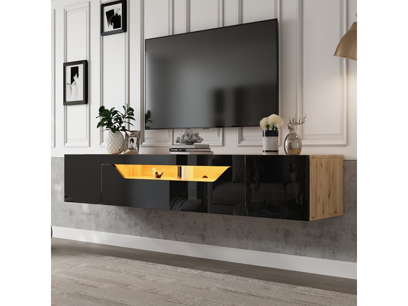  Meuble tv suspendu 180 cm noir et bois pour tv 75 pouces avec led  - Conforama B