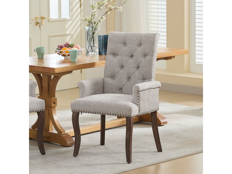  Chaise de salle à manger en chenille beige avec accoudoirs, dossier haut capitonné, pieds courbés en bois massif, assise rembourrée, style classique  - Conforama B
