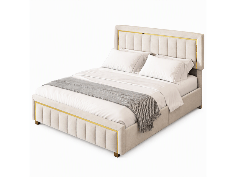  Lit coffre 160x200, lit 2 places avec rangement hydraulique, tête de lit et sommier à lattes, velours beige  - Conforama A