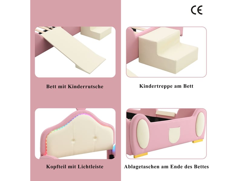  Lit 90x200cm, structure pu rose beige lit une personne, bande led multi-modes, petite glissière, escalier, bords souples, lattes bois  - Conforama D